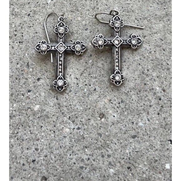 Vintage Cross Silver Tone Hook Religious Cross Dangle White Stone Earrings 1” - Picture 12 of 16